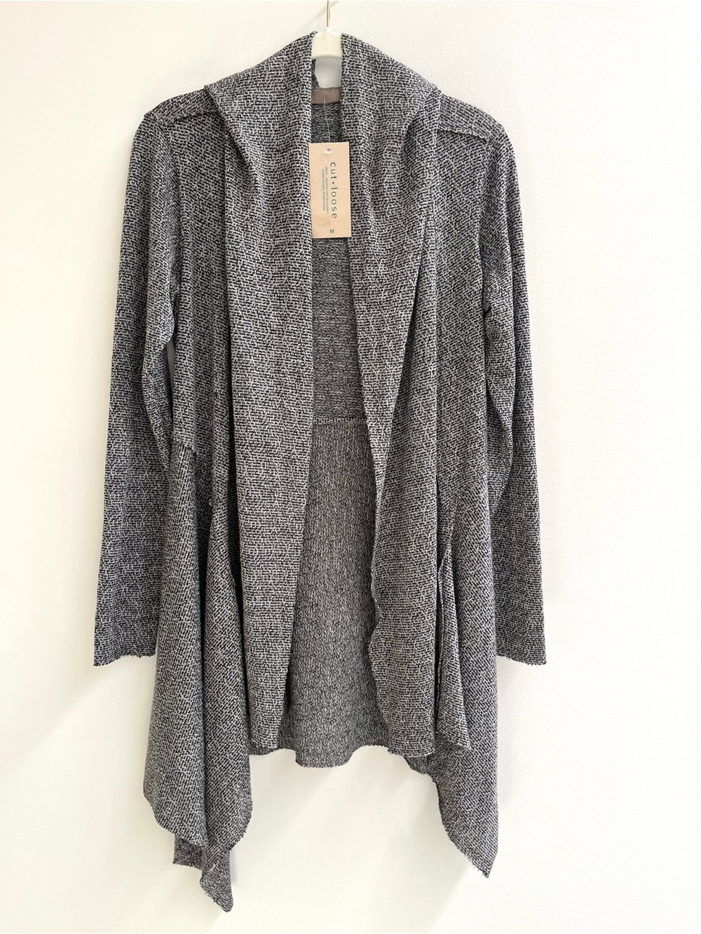 Cut Loose open-front waterfall drape hooded cardigan topper black white gray M